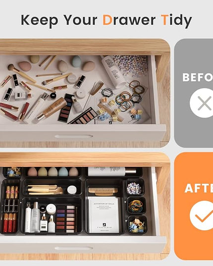 A-LuGei 【𝟮𝟴𝗣𝗖𝗦】 【𝟱𝗦𝗶𝘇𝗲】 Black Drawer Organizer, Makeup organizer, 【Holds 177 Items】 Bathroom Organizers and Storage, Plastic Desk Organizer Divider, Organizer Bins for Office Vanity