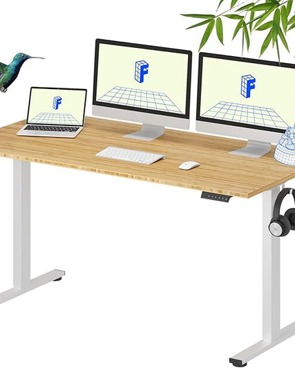 FLEXISPOT EN1 Bamboo Standing Desk, 60 x 30 Inches Whole-Piece Electric Adjustable Height Desk for Home Office (White Frame + Bamboo Top, 2 Packages)