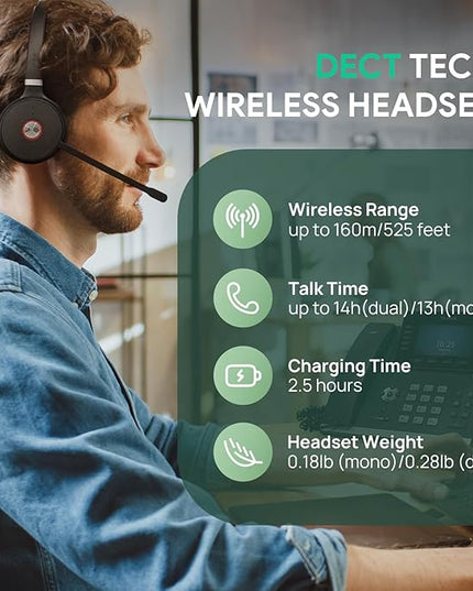 Yealink WH62 Dual UC DECT Wireless Headset, 525 ft Long Range, Work Headphones with Base, 2X Noise Canceling Mic for IP Phone and Computer, Office Headsets Call Control, Ringer,14H Talk Time