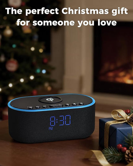 Wireless Charging Alarm Clock Radio: Qi Certified Fast Wireless Charger for iPhone Samsung - 10W Stereo Bluetooth Speaker - Dimmable Digital Clock with FM Radio for Bedroom Black
