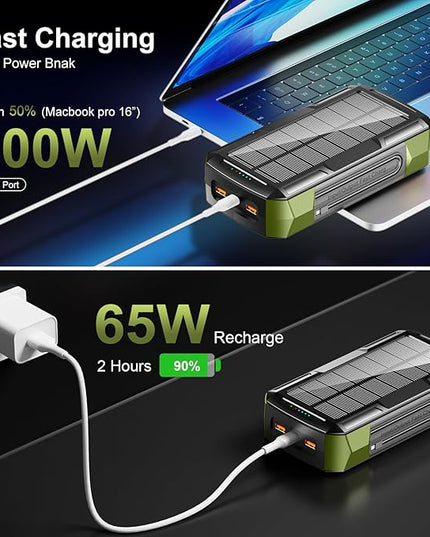 Solar Charger Power Bank 73200mAh, Portable Laptop Charger with 100W USB-C in/Output, Built-in Cables, Hand Crank Power Bank for Mobile Phones, Ideal for Outdoor Use with SOS/Strobe/Strong (green)