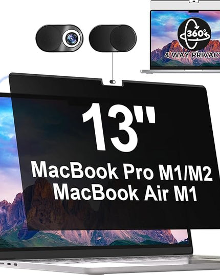Magnetic 360° Privacy Screen for Macbook Pro 13 Inch (2016-2022, M1, M2) & Air 13 inch (2018-2021, M1), Removable Anti Glare Blue Light Filter, 4 Way Anti Spy Black Protector for Mac 13In Laptop