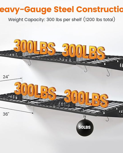 Garage Shelving 2x3ft 4-Pack, Garage Storage Rack 24"x36" Metal Shelves Black Wall Mounted with rods & 6 Hooks, Heavy Duty Wall Shelving Floating Shelves, 1200lbs Total load Capacity