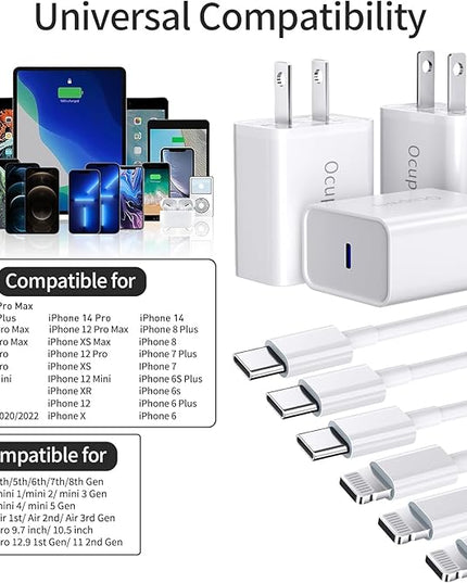for iPhone 14 13 12 11 Charger Fast Charging [MFi Certified], 3-Pack 20W PD USB C Wall Charger Block with 6.6ft USB C to Lightning Cable Compatible with iPhone 14 Pro Max/Pro/Plus/Mini/iPad & More