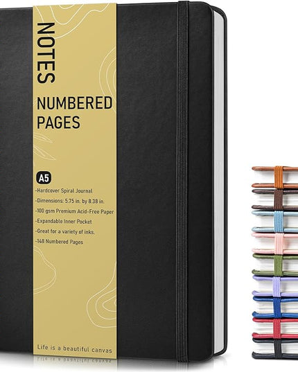 Lined Spiral Journal Notebook, A5 Hardcover Spiral Journals for Women Men, 150 Numbered Pages Spiral Bound Notebook, 100 GSM College Ruled Notebooks for Writing Note Taking Working 5.75" x 8.38" Black