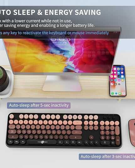 FOPETT Wireless Keyboard and Mouse Combo - 2.4G Full-Sized Cute Colorful Mouse and Keyboard with 104 Round Keys Retro Typewriter Keyboard for Laptop/Windows/PC - Pink Gradient