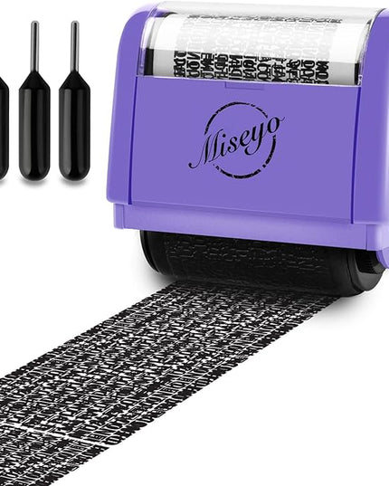 Miseyo Wide Identity Theft Protection Roller Stamp Set - Purple (3 Refill Ink Included)