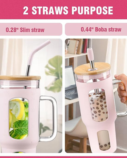 Glass Tumbler with Lid and Straw, 46 oz Iced Coffee Cup with Handle, Large Water Bottles with Silicone Sleeve, Glass Cup with Straws - Pearl Straw & Drinking Straw BPA Free-CottonPink