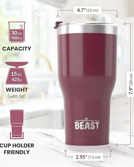 Beast 30 oz Tumbler Stainless Steel Vacuum Insulated Coffee Ice Cup Double Wall Travel Flask (Cranberry Red)