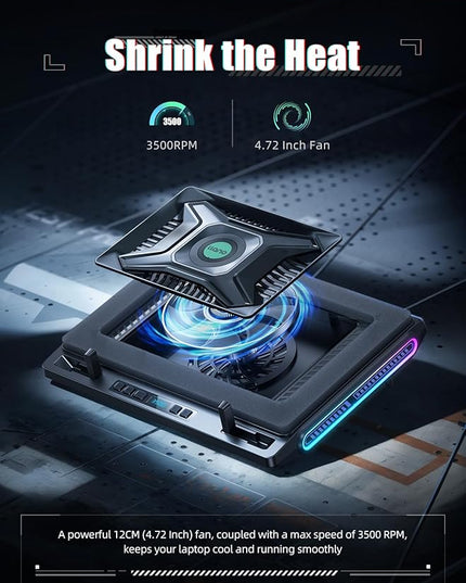 llano V10 Gaming Laptop Cooling Pad, RGB Laptop Cooler Stand with Powerful 4.72 Inch External Turbo Cooling Fan, Fast Cooling Computer 13-17.3in, Button Control, 3 Adjustable Stand, 4-Port USB C&A