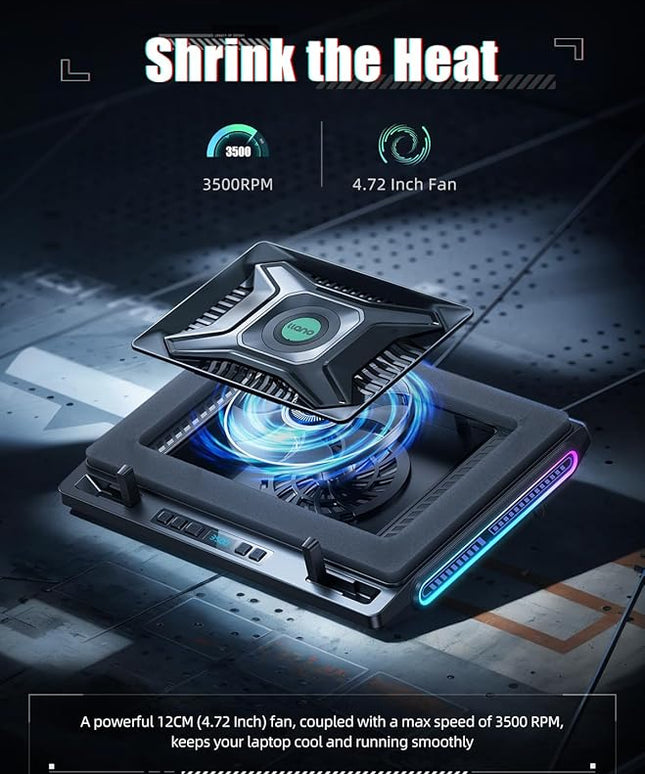 llano V10 Gaming Laptop Cooling Pad, RGB Laptop Cooler Stand with Powerful 4.72 Inch External Turbo Cooling Fan, Fast Cooling Computer 13-17.3in, Button Control, 3 Adjustable Stand, 4-Port USB C&A