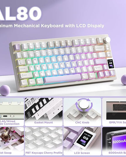 YUNZII AL80 Wireless Mechanical Keyboard,Full Aluminum CNC, Smart LCD Display,Hot Swappable Gasket Mount 75% Layout with Knob,BT/2.4G/USB-C,QMK/VIA Support for Win/Mac (Beige, Cocoa Cream V2 Switch)