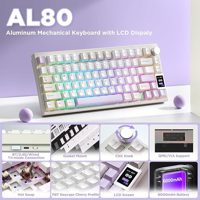 YUNZII AL80 Wireless Mechanical Keyboard,Full Aluminum CNC, Smart LCD Display,Hot Swappable Gasket Mount 75% Layout with Knob,BT/2.4G/USB-C,QMK/VIA Support for Win/Mac (Beige, Cocoa Cream V2 Switch)