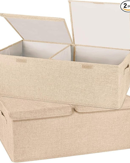 2 Pack Storage Boxes with Lids and Handles, Collapsible Linen Storage Bins Organizer Containers Baskets Cube with Removable Divider for Home Bedroom Closet Office (Khaki, Small)