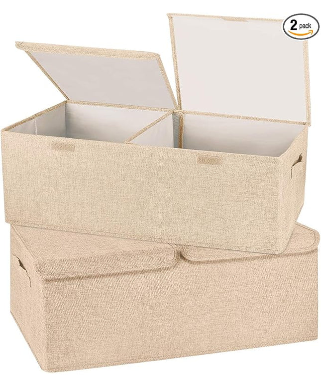 2 Pack Storage Boxes with Lids and Handles, Collapsible Linen Storage Bins Organizer Containers Baskets Cube with Removable Divider for Home Bedroom Closet Office (Khaki, Small)