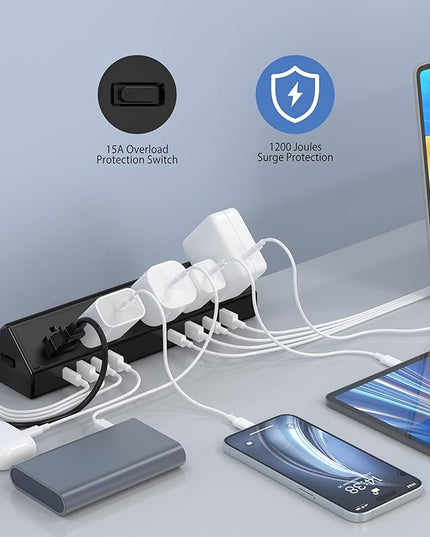 45W Fast Charging Station,Desk Clamp Power Strip,4 PD USB-C Ports,5 AC Outlets,Surge Protector Power Strip, 14AWG Heavy Duty Cord, Fits 1.9" Tabletop Edge (Black, 10 FT Cable)
