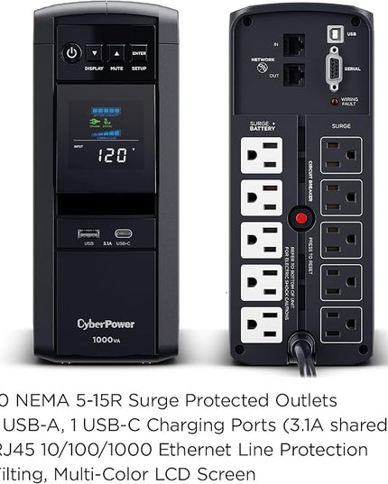 CyberPower CP1000PFCLCD PFC Sinewave UPS Battery Backup and Surge Protector, 1000VA/600W, 10 Outlets, AVR, Mini-Tower; UL Certified