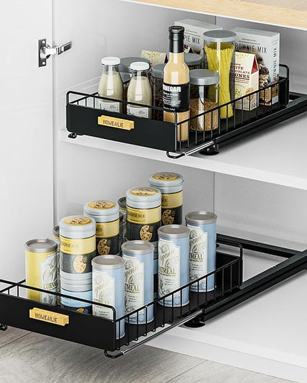 Under Sink Organizer, 2 Packs Under Sink Organizers and Storage, Slide Out Pull Out Cabinet Organizer Shelf with Metal Drawers for Kitchen Bathroom Pantry, Black