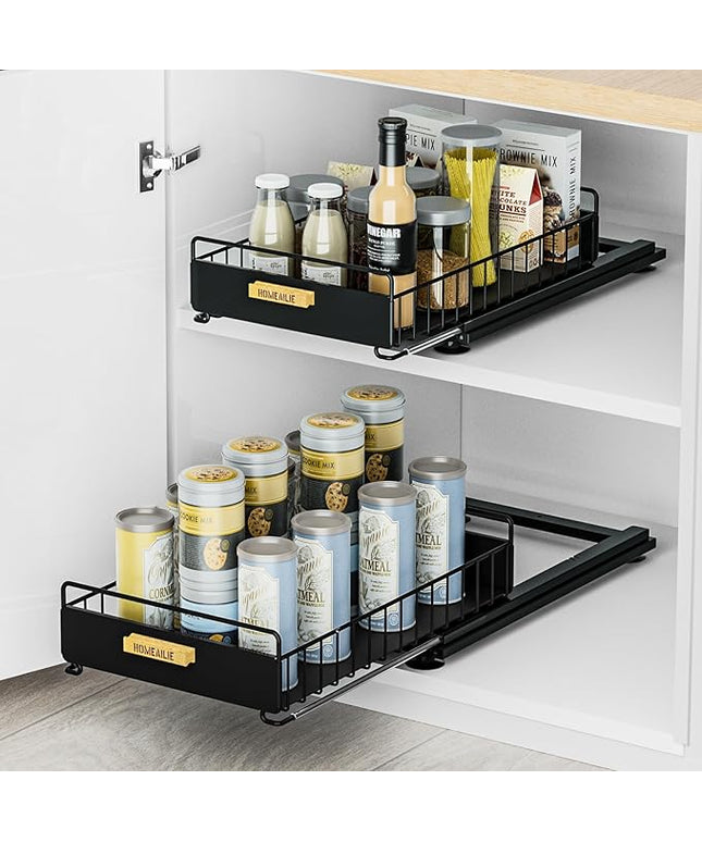 Under Sink Organizer, 2 Packs Under Sink Organizers and Storage, Slide Out Pull Out Cabinet Organizer Shelf with Metal Drawers for Kitchen Bathroom Pantry, Black