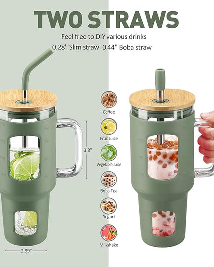 Glass Tumbler with Straw and Lid, 40 oz glass cup with handle, Glass Water Bottles with Time Marker, Silicone Protective Sleeve-Olive