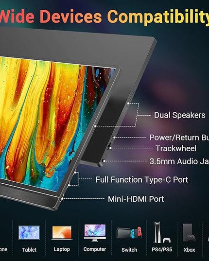KYY Portable Monitor 15.6'' FHD 1080P USB C HDMI Gaming Monitor Ultra-Slim IPS Display w/Smart Cover & Speakers, Plug&Play, External Monitor for Laptop PC Phone Mac Xbox PS4