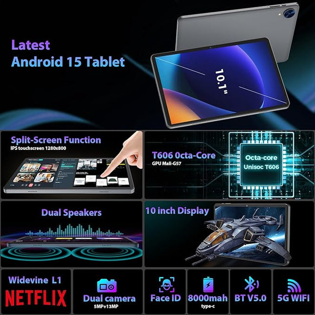2026 Android 15 Tablet with Keyboard, 26GB RAM, 256GB ROM(2TB Expand), 10 inch tablet with Octa-core, Gemini AI, 8000mAh, 2.4G/5G WiFi, BT 5.0, 5MP+13MP, Tablets with Case, Mouse, Stylus (Silver Case)