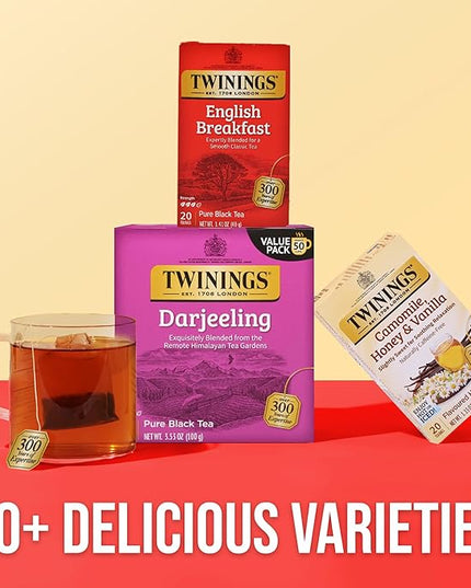 Twinings Darjeeling Black Tea Individually Wrapped Bags, 50 Count (Pack of 6), Delicate Light Taste, Caffeinated, Enjoy Hot or Iced, 300 Teabags