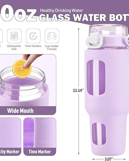 BLUEGO 40oz Glass Tumbler with Lid and Straw, Glass Water Bottles with Handle, Glass Cup with Time Marker and Silicone Sleeve, Fits Most Cup Holder, Leak-proof, Purple
