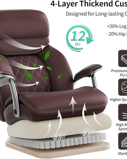 Big and Tall Office Chair with Wide Area Armrest, 600lbs Heavy Duty Desk Chair with Adjustable Lumbar Support, PU Leather High Back Ergonomic Executive Computer Chair with 3'' Silent Casters
