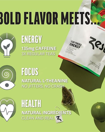 Zest Energy Green Tea – Pomegranate Mojito High Caffeine Tea Bags for Focus & Morning Energy – Natural Caffeinated Tea with 135mg Caffeine – Coffee Substitute – 20Ct Pack, Non-GMO & Keto Friendly