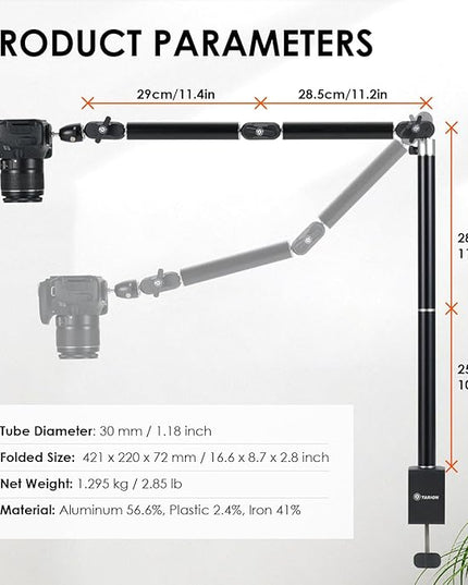 TARION Camera Desk Mount Overhead: Articulated Camera Arm Stand with Clamp 3/8'' 1/4'' Screws Adjustable Table Mount Flexible Gear Joints for DSLR, Phone, Projector TKA01-L (Upgraded Version)