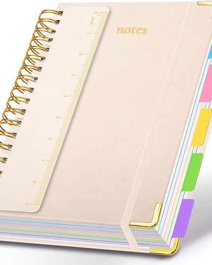 Hardcover Spiral Notebook 8"x10" Journal Notebook with Tabs and Removable Dividers 300 Pages 5 Subject Notebook College Ruled, Faux Leather Spiral Bound Notebook for Women School Work (White)