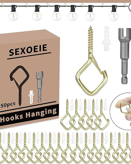Sexoeie 50 PCS Gold Eye Screw Hooks for Hanging Heavy Duty with Safety Buckle.Metal Ceiling Hooks for Hanging Plants Cup Wind Chime Bird Feeders Patio Lights at Indoor&Outdoor