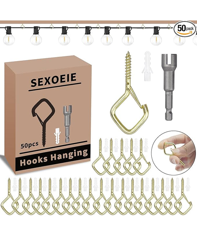 Sexoeie 50 PCS Gold Eye Screw Hooks for Hanging Heavy Duty with Safety Buckle.Metal Ceiling Hooks for Hanging Plants Cup Wind Chime Bird Feeders Patio Lights at Indoor&Outdoor