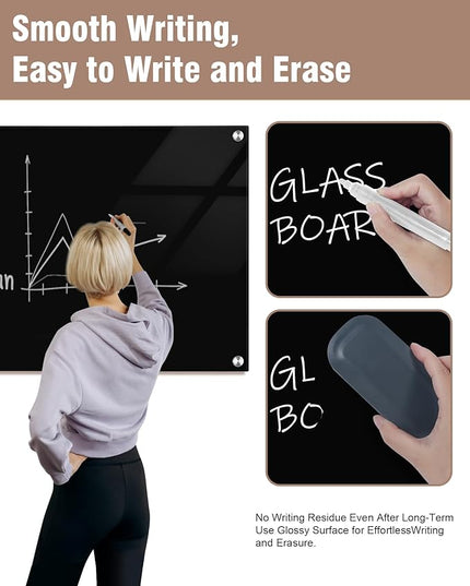 Mifuro Magnetic Glass Whiteboard，48"x36" Wall Mounted Frameless Dry Erase Board for Office, Home & School Black
