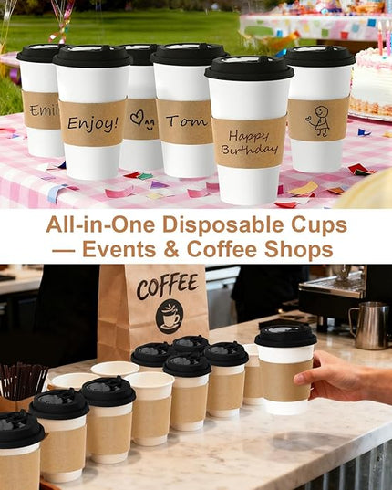 Coolcap 12 oz 100 Pack Coffee Cups with Lids and Sleeves, Straws, Hot Disposable To Go Travel Paper Cups Bulk for Office, Home Coffee Bar Accessories, Chocolate, Cocoa, Beverage (Black)
