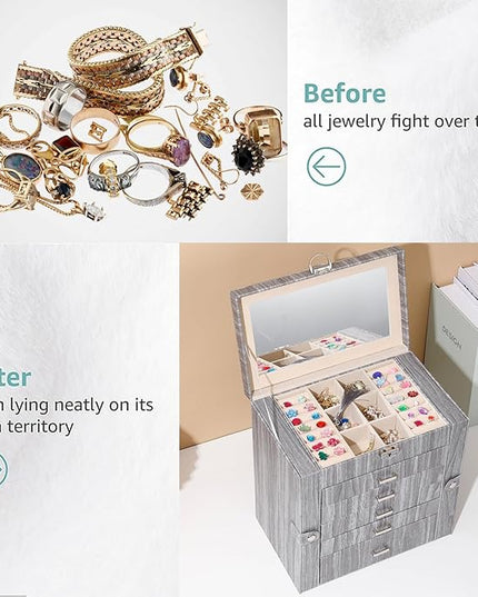 BOOVO Jewelry Box For women, 6 Layer Large Jewelry Organizer With Mirror, Accessory Holder With 5 Drawers, For Earrings Necklace Ring Bracelet (woodgrain grey)