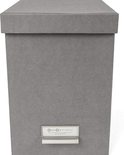Bigso John Fiberboard Label Frame Desktop File Storage Box - Document Organizer for Important Paperwork - Durable Hanging File Box with a Lid & Metal Label Window - 7.36 x 13.38 x 10.51 in - Grey