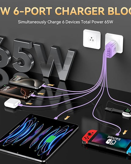 USB C Fast Charger Block, iPhone Charger Fast Charging Blocks 65W Multi Port Charger 6-Ports PD & QC Charging Cube Brick Power Adapter Type C Wall Chargers for iPhone 17/16/15/14/13/12 Pro Max, iPad