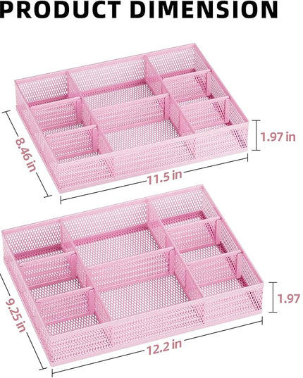 Marbrasse 2 Pack Desk Drawer Organizer, Mesh Drawer Organizer Tray with 8 Adjustable Compartments, Desk Organizers and Accessories, 5 Dividers Drawer for Office Supplies, Makeup & Vanity (Pink)