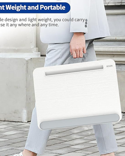 Besign LT08 Laptop Stand, Portable Lap Desk with Pillow Cushion, Fits up to 14 inch Laptop, with Anti-Slip Strip for Desk, Sofa & Bed, White and Gray