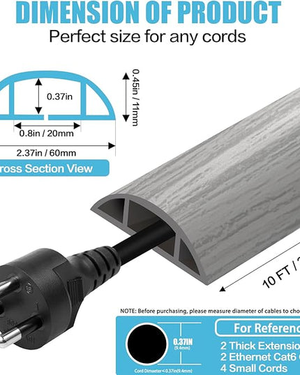 Floor Cord Cover Cavity 0.8"x0.37" Self Adhesive Cord Hider, 10FT Low Profile Cable Management, Extension Strip Protector for Wires, Prevent Cable Trips for Offices, Gyms, Exhibitions (Gray Wood)