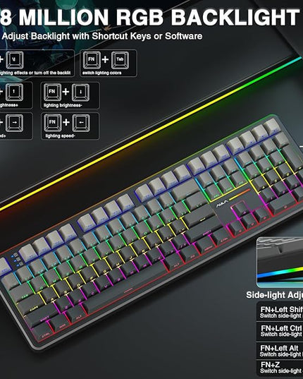 AULA F108 Wireless Mechanical Keyboard, Full Size Gaming Keyboard with Number Pad, Side Printed PBT Keycaps, Pre-lubed Switches, RGB Backlit, Hot Swappable Creamy Sounding Computer Keyboards, 108 keys