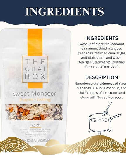The Chai Box Loose Leaf Mango Tea - Featured in Oprah's Favorite Things | Caffeinated Black Tea with Mango,Coconut, Cinnamon & Clove ( Pack of 1) 2.5 oz | Makes 25 Cups | Small Batch Loose Leaf Tea with Whole, Premium Spices