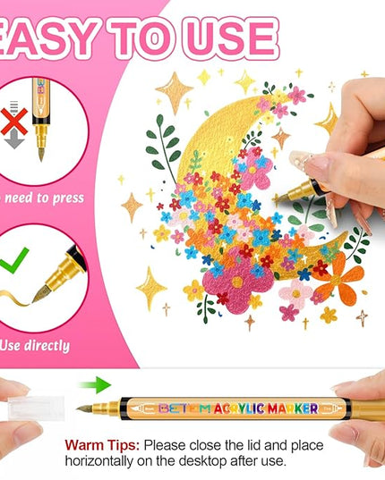 Metallic Acrylic Paint Markers, Dual Tip 24 Colors Acrylic Paint Pens with Brush Tip and Fine Point, markers for black paper, Art Supplies for Rock, Wood, Canvas, Stone, Glass,Grandkids, and Kids