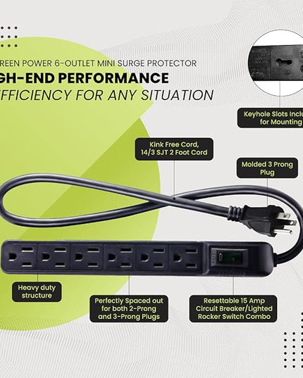 Go Green Power Inc. GG-16103MINBK 6 Outlet Surge Protector, Black