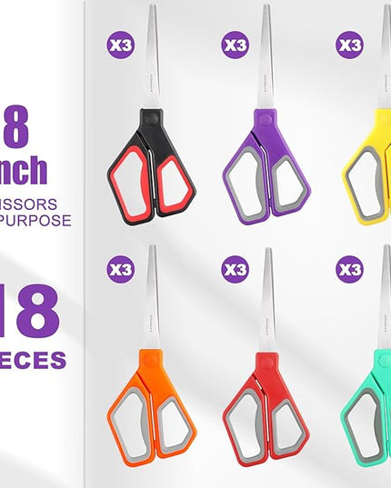 BURVAGY 18Pack 8" Scissors All Purpose, Heavy Duty Scissors with Ultra Sharp Blades Comfort Grip Handles - For Office Home School Sewing Fabric Crafts, High/Middle School Student Teacher Scissor