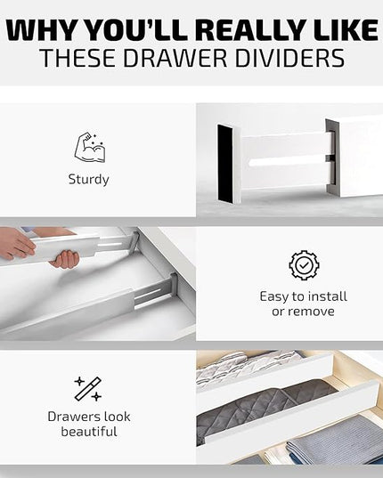 4-Pack Bamboo Drawer Dividers - 2.6" High, 12.5"-17" Adjustable Drawer Organizers for Clothes, Expandable Dresser Separators in Bedroom/Bathroom/Kitchen/Office Organization and Storage (White)