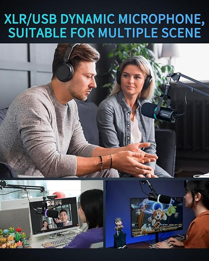 FEELWORLD PM1 XLR USB Dynamic Microphone Gifts for Podcast Recording PC Computer Gaming Live Streaming Vocal Voice-Over, Studio Metal Mic with Voice-Isolating, RGB Light, Mute Button, Headphones Jack
