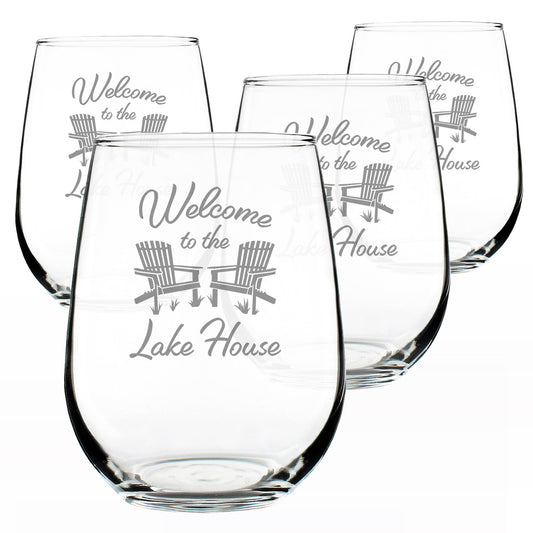 Welcome to the Lake House Stemless Wine Glass Engraved - 17 oz - Set of 4